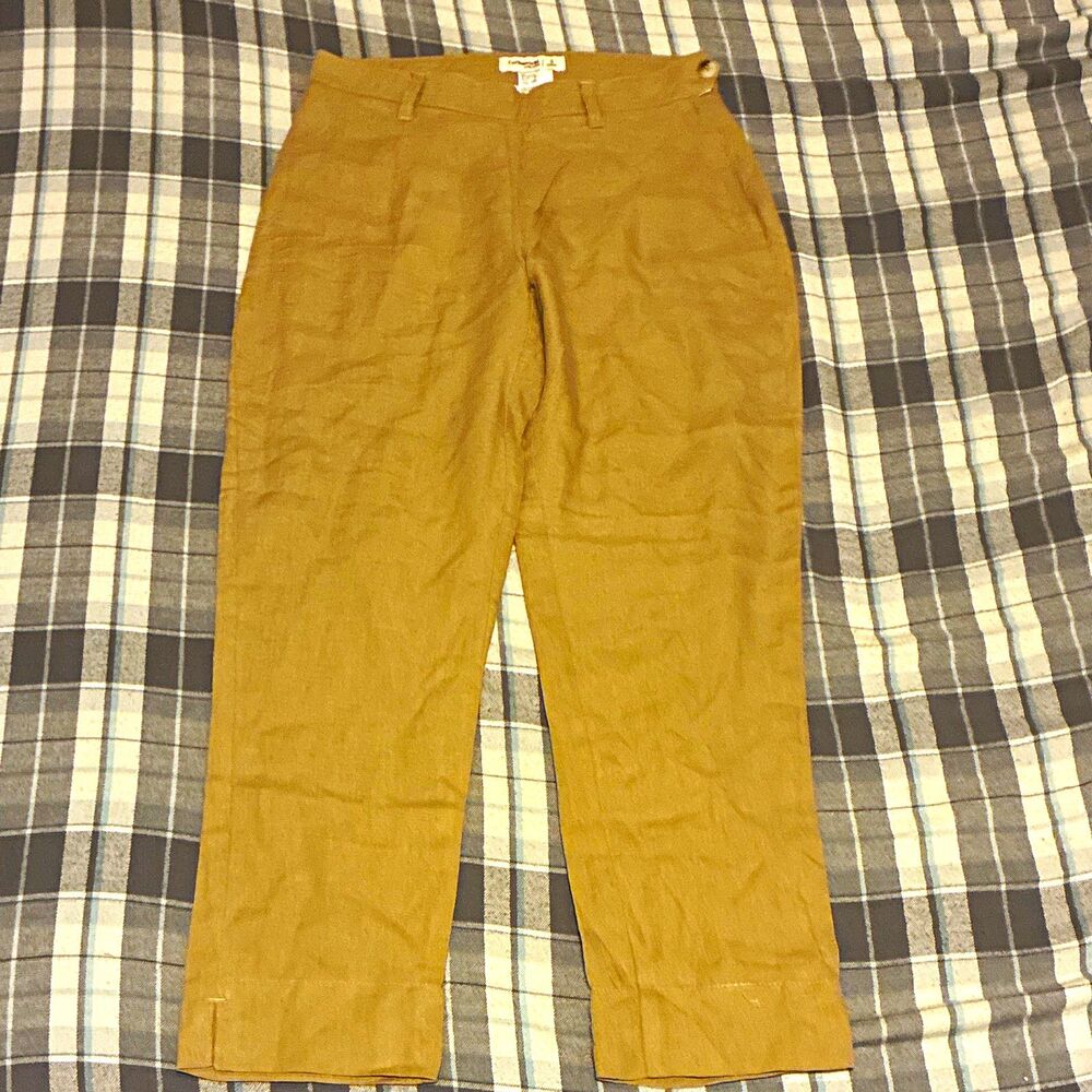 Cottonworld Pure Linen Khaki Flat Front Straight Leg Pants Pockets S